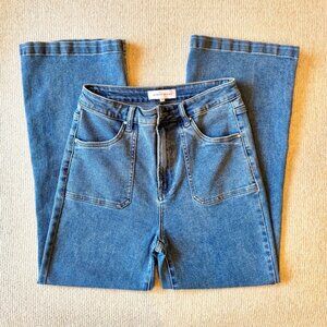 Risen Jeans High Rise Patch Pocket Kick Flare Size 11/30 Medium Wash Denim